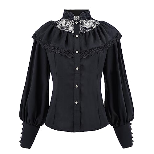 Fiamll Viktorianische Bluse für Damen Gothic-Shirt Vintage Langarm Top mit Lotus Rüschen Schwarz 3XL von Fiamll