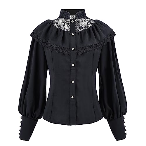 Fiamll Viktorianische Bluse für Damen Gothic-Shirt Vintage Langarm Top mit Lotus Rüschen Schwarz M von Fiamll