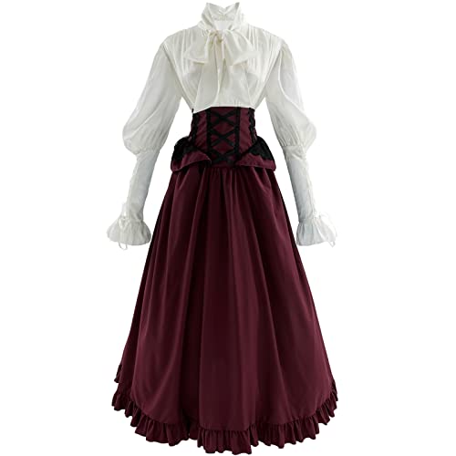 Fiamll Viktorianische Kleider Damen Kostüm Kleid Viktorianisch Bluse mit Gebunden Taille Maxirock 2-teiliges Kostüm Set Rot S/M von Fiamll