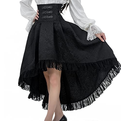 Fiamll Gothic Rock Steampunk Rock Viktorianischer Piratenrock Hoch Tiefer Cocktailkleider Wikinger Kleidung Damen Partyrock Schwarz XXL von Fiamll