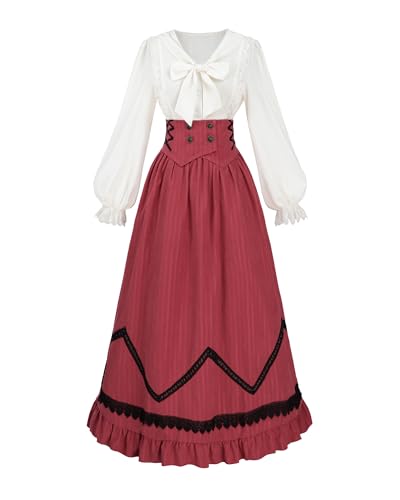 Fiamll mittelalter kostüm damen viktorianisches kleid renaissance kleid damen 1900er Renaissance Kostüm Mittelalter Vintage Rock Viktorianische Bluse Set, Rot, S von Fiamll