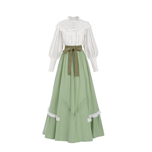 Fiamll Viktorianisches Kleid Damen Renaissance Kostüm mit Edwardianischer Bluse und Vintage Rock Ballkleid Grasgrün S von Fiamll