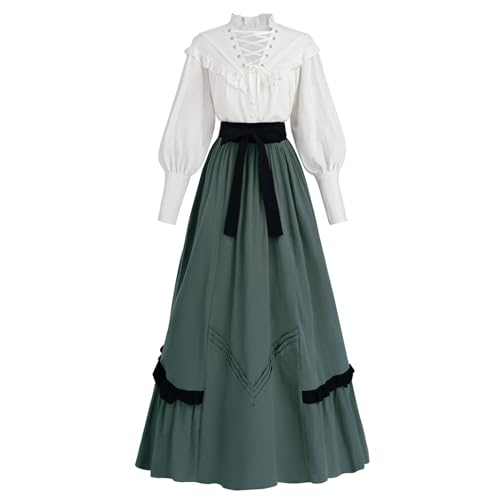 Fiamll Viktorianisches Kleid Damen Renaissance Kostüm mit Edwardianischer Bluse und Vintage Rock Ballkleid Grün M von Fiamll