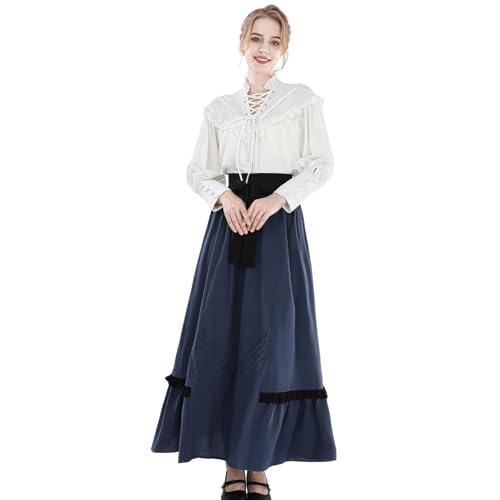 Fiamll Viktorianisches Kleid Damen Renaissance Kostüm mit Edwardianischer Bluse und Vintage Rock Ballkleid Marineblau L von Fiamll