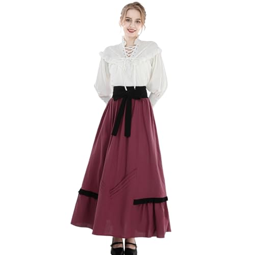 Fiamll Viktorianisches Kleid Damen Renaissance Kostüm mit Edwardianischer Bluse und Vintage Rock Ballkleid Rotwein XXL von Fiamll