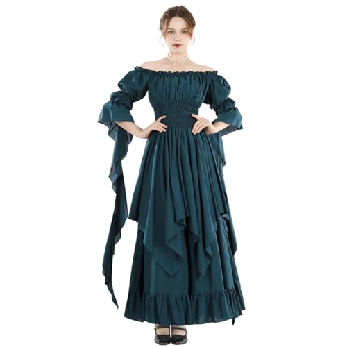 Fiamll Viktorianisches Kleid Renaissance Kostüm Damen Gothic Hexenkleid mittelalterliches Maxikleid Ladies Hochzeitskleid (Pfauen Grün L/XL) von Fiamll