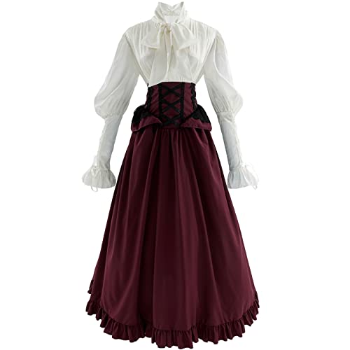 Fiamll Viktorianisches Kleid Renaissance Kostüm Damen Vintage Ballkleid Damen Victorian Bluse mit Renaissance Maxirock Rot L von Fiamll