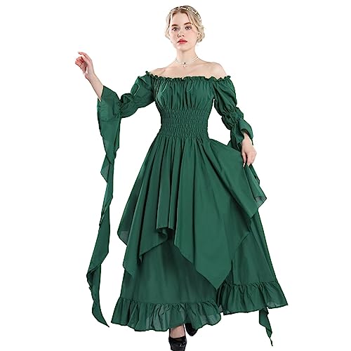 Fiamll Damen Steampunk Victorian Schulterfrei Mittelalterliches Maxikleid Ladies Renaissance Cosplay Halloween Kostüm (Grün L/XL) von Fiamll