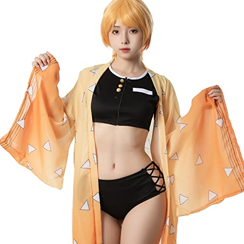 Fiamll Zenitsu Agatsuma Cosplay Bikini Set für Dämonen Jäger Damen Anime Kimono Strickjacke Strand Sommer Badeanzug 3XL von Fiamll