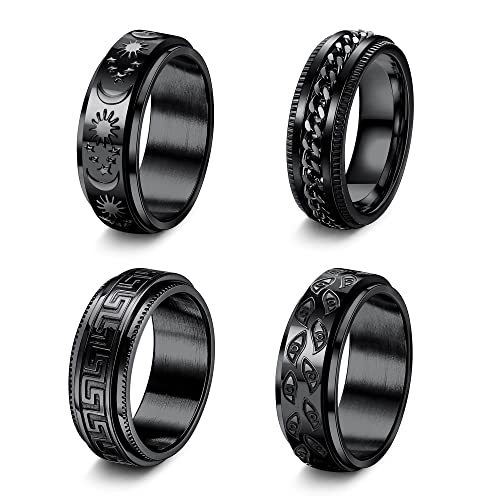 Fiasaso 4 schwarze Fidget-Ringe für Männer und Frauen, Teenager, coole Mond-Stern-Kette, böser Blick, Angstring, Edelstahl, Spinnerring, Stressabbau, Bandring, Edelstahl, Zirkonia Fiasaso 4 schwarze Fidget-Ringe für Männer und Frauen, Teenager, coole Mond-Stern-Kette, böser Blick, Angstring, Edelstahl, Spinnerring, Stressabbau, Bandring, Edelstahl, Zirkonia von Fiasaso