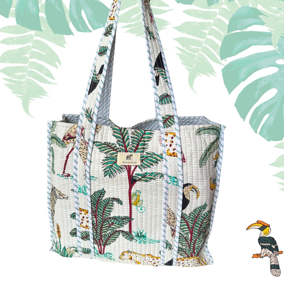 Gesteppte Baumwolle Reversible Weiß Tropical Print Einkaufstasche Handbedruckte Umweltfreundliche Nachhaltige Gesteppte Baumwolle Reversible Weiß Tropical Print Einkaufstasche Handbedruckte Umweltfreundliche Nachhaltige von FibersToFabric