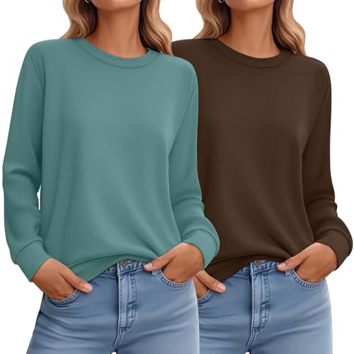 Ficerd 2 Pack Damen Casual Sweatshirts Langarm Baumwolle Shirts Loose Fit Leicht Rundhals Basic Tops Niedlicher Pullover, Dunkelblau, Fuchsia, Groß von Ficerd