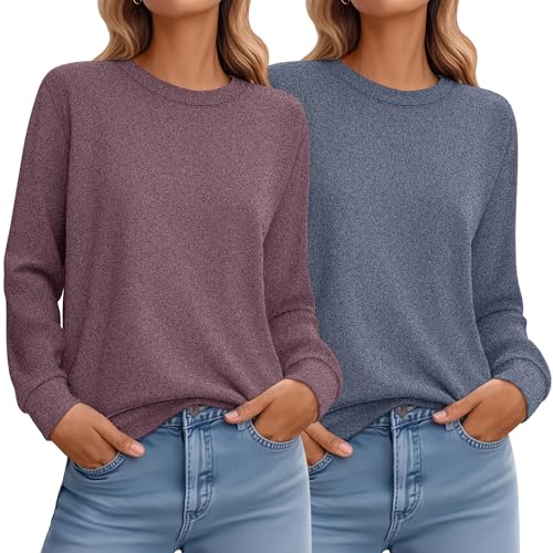 Ficerd 2 Pack Damen Casual Sweatshirts Langarm Loose Fit Shirts Leichte Rundhals Basic Tops Niedlicher Pullover, Marineblau, Weinrot, M von Ficerd