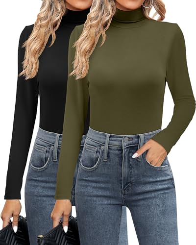 Ficerd 2 Pack Damen Rollkragen-Shirts, Langarm Mock Neck Slim Fit Tops Soft Stretch Thermo Basic Unterwäsche Pullover, Schwarz, Armeegrün, XX-Large von Ficerd