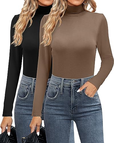Ficerd 2 Pack Damen Rollkragen-Shirts, Langarm Mock Neck Slim Fit Tops Soft Stretch Thermo Basic Unterwäsche Pullover, Schwarz, Mokka, Groß von Ficerd