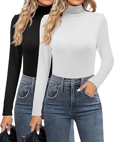 Ficerd 2 Pack Damen Rollkragen-Shirts, Langarm Mock Neck Slim Fit Tops Soft Stretch Thermo Basic Unterwäsche Pullover, schwarz, weiß, Klein von Ficerd