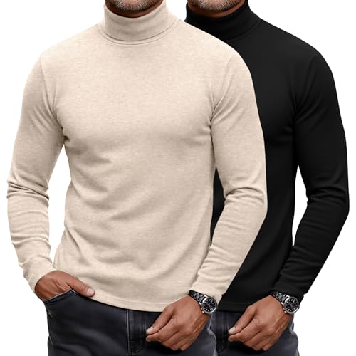 Ficerd 2er-Pack Herren Rollkragen-Shirts, leichter Baumwoll-Pullover, Pullover, schmale Passform, Mock Rollkragen, gestrickt, langärmelig, Schwarz, Aprikose, Mittel von Ficerd