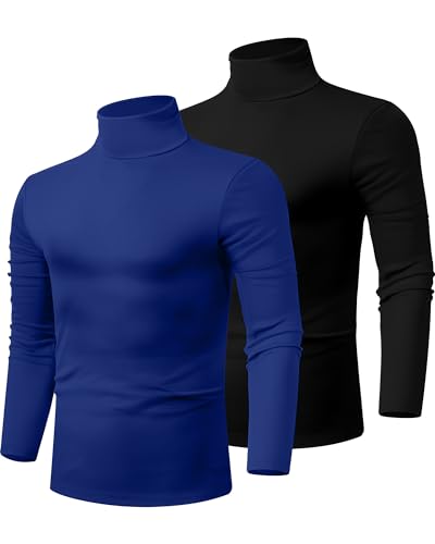 Ficerd 2 Pack Herren Rollkragen-Shirts, Leichter Baumwoll-Pullover Sweater Slim Fit Mock Rollkragen Gestrickte Langarm Tops, Schwarz, Blau, L von Ficerd