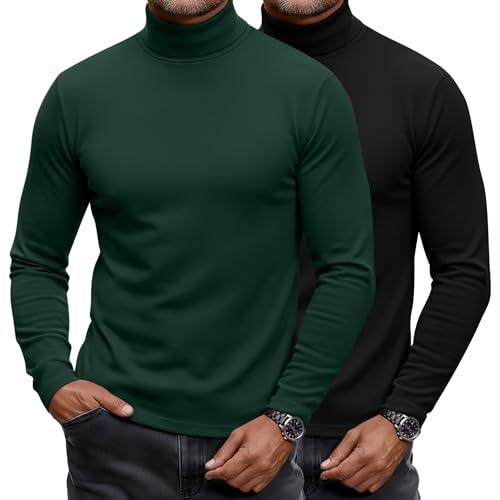 Ficerd 2 Pack Herren Rollkragen-Shirts, Leichter Baumwoll-Pullover Sweater Slim Fit Mock Rollkragen Gestrickte Langarm Tops, schwarz, grün, L von Ficerd