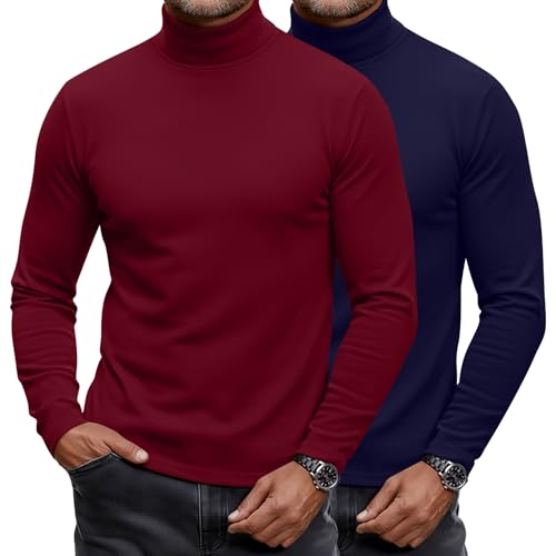 Ficerd 2 Pack Herren Rollkragen-Shirts, Slim Fit Leichte Pullover Pullover Pullover Mock Rollkragen Gestrickte Langarm Tops, Marineblau, Weinrot, XL von Ficerd