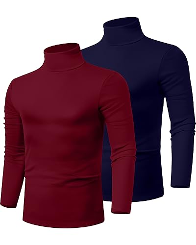 Ficerd 2 Pack Herren Rollkragen-Shirts, Slim Fit Leichte Pullover Pullover Pullover Mock Rollkragen Gestrickte Langarm Tops, Marineblau, Weinrot, XX-Large von Ficerd