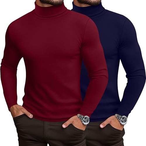 Ficerd 2er-Pack Herren Rollkragen-Shirts, leichter Baumwoll-Pullover, Pullover, schmale Passform, Mock Rollkragen, gestrickt, langärmelig, Marineblau, Weinrot, XX-Large von Ficerd