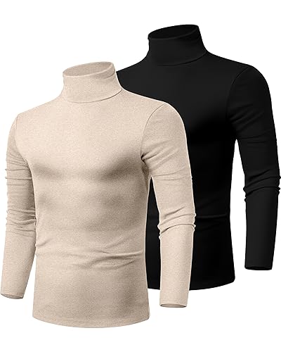 Ficerd 2 Pack Herren Rollkragen-Shirts, Slim Fit Leichte Pullover Pullover Pullover Mock Rollkragen Gestrickte Langarm Tops, Schwarz, Aprikose, Klein von Ficerd