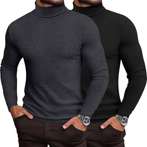 Ficerd 2 Pack Herren Rollkragen-Shirts, Slim Fit Leichte Pullover Pullover Pullover Mock Rollkragen Gestrickte Langarm Tops, Schwarz, Dunkelgrau, Mittel von Ficerd