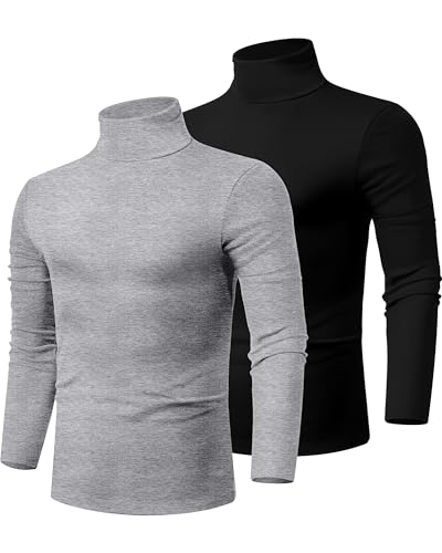 Ficerd 2 Pack Herren Rollkragen-Shirts, Slim Fit Leichte Pullover Pullover Pullover Mock Rollkragen Gestrickte Langarm Tops, Schwarz, Hellgrau, Mittel von Ficerd