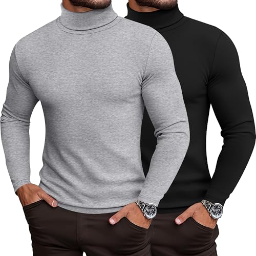 Ficerd 2 Pack Herren Rollkragen-Shirts, Slim Fit Leichte Pullover Pullover Pullover Mock Rollkragen Gestrickte Langarm Tops, Schwarz, Hellgrau, XL von Ficerd