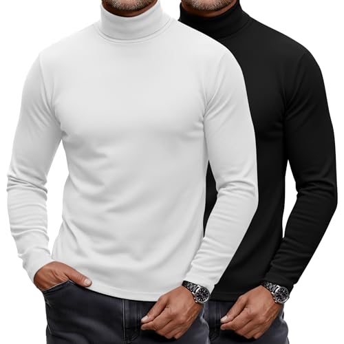 Ficerd 2er-Pack Herren Rollkragen-Shirts, leichter Baumwoll-Pullover, Pullover, Slim Fit, Mock Rollkragen, gestrickt, langärmelige Oberteile, schwarz, weiß, XL von Ficerd