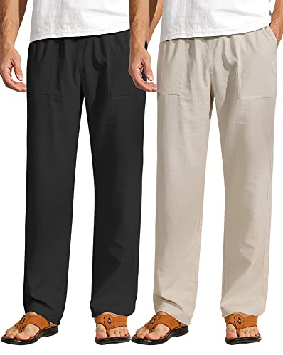 Ficerd 2 Pcs Herren Kordelzug Leinen Hosen Männer Casual Strand Hosen mit Tasche Leichte Elastische Yoga Hose, Schwarz, Khaki, Klein von Ficerd