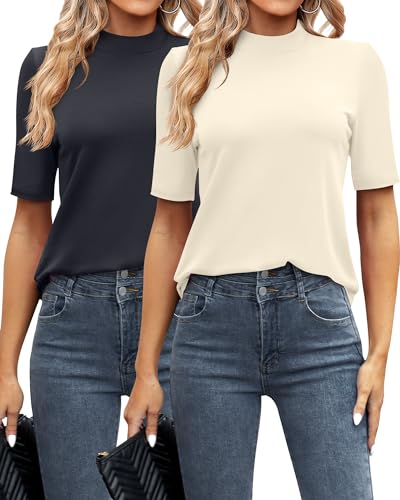 Ficerd 2er-Pack Damen-Tops, Business-Casual-Oberteile, Stehkragen, halbe kurze Ärmel, Rollkragen-Tops, Viertelärmel, elegante Blusen, Dunkelgrau/Creme, Mittel von Ficerd