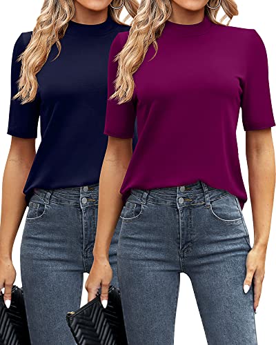 Ficerd 2er-Pack Damen-Tops, Business-Casual-Oberteile, Stehkragen, halbe kurze Ärmel, Rollkragen-Tops, Viertelärmel, elegante Blusen, Marineblau/Fuchsia, Groß von Ficerd