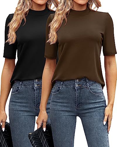 Ficerd 2er-Pack Damen-Tops, Business-Casual-Oberteile, Stehkragen, halbe kurze Ärmel, Rollkragen-Tops, Viertelärmel, elegante Blusen, schwarz/braun, Mittel von Ficerd