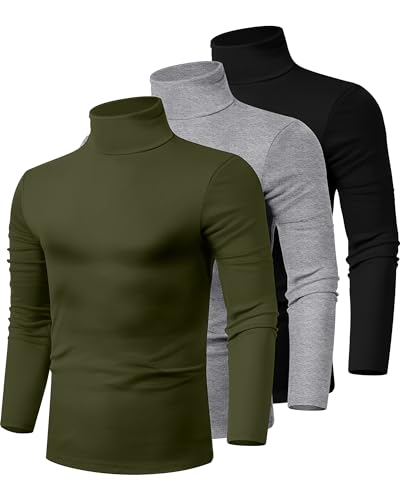 Ficerd Herren-Hemden mit Stehkragen, langärmelig, aus Baumwolle, ohne Knöpfe, Stehkragen, Basic-Strick-Shirt, schmale Passform, 3er-Pack, Schwarz, Hellgrau, Militärgrün, XL von Ficerd