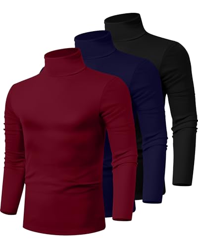 Ficerd 3 Pack Herren Rollkragen-Shirts, Mock Rollkragenpullover Langarm Strick Slim Fit T-Shirts Basic Unterwäsche Tops, Schwarz, Marineblau, Weinrot, L von Ficerd