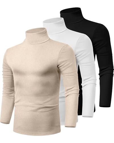 Ficerd Herren Rollkragenhemden, langärmelig, Baumwolle, Stehkragen, Strick-T-Shirt, Basic Slim Fit, 3er-Pack, Schwarz, Weiß, Aprikose, L von Ficerd