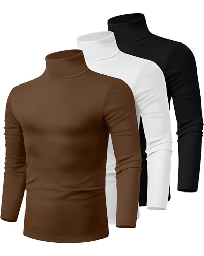 Ficerd Herren Rollkragenhemden, langärmelig, Baumwolle, Stehkragen, Strick-T-Shirt, Basic Slim Fit, 3er-Pack, Schwarz, Weiß, Braun, XL von Ficerd
