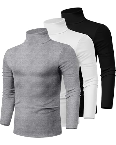 Ficerd 3 Pack Herren Rollkragen-Shirts, Mock Rollkragenpullover Langarm Strick Slim Fit T-Shirts Basic Unterwäsche Tops, Schwarz, Weiß, Grau, L von Ficerd