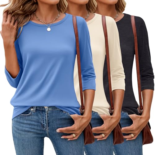 Ficerd 3er-Pack 3/4-Ärmel, Tops für Damen, Rundhalsausschnitt, Winter-Basics, T-Shirts, lässig, trendig, lockere Passform, Dunkelgrau, Creme, Himmelblau, Klein Ficerd 3er-Pack 3/4-Ärmel, Tops für Damen, Rundhalsausschnitt, Winter-Basics, T-Shirts, lässig, trendig, lockere Passform, Dunkelgrau, Creme, Himmelblau, Klein von Ficerd