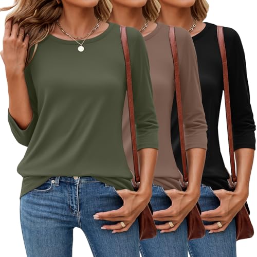 Ficerd 3er-Pack 3/4-Ärmel-Tops für Damen Rundhalsausschnitt Elegante Basic-T-Shirts Lässig Trendig Lockere Passform(Khakigrün, Kaffeebraun, Schwarz,M) von Ficerd