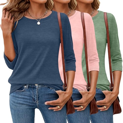 Ficerd 3er-Pack 3/4-Ärmel-Tops für Damen Rundhalsausschnitt Elegante Basic-T-Shirts Lässig Trendig Lockere Passform(Nebelblau, Rosa, Hellgrün,L) von Ficerd