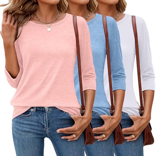 Ficerd 3er-Pack 3/4-Ärmel-Tops für Damen Rundhalsausschnitt Elegante Basic-T-Shirts Lässig Trendig Lockere Passform(Rosa, Hellblau, Weiß,M) von Ficerd