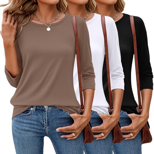 Ficerd 3er-Pack 3/4-Ärmel-Tops für Damen Rundhalsausschnitt Elegante Basic-T-Shirts Lässig Trendig Lockere Passform(Schwarz, Weiß, Braun,XL) von Ficerd