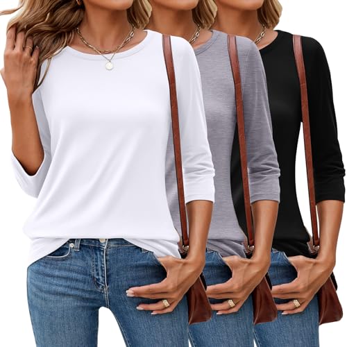 Ficerd 3er-Pack 3/4-Ärmel-Tops für Damen Rundhalsausschnitt Elegante Basic-T-Shirts Lässig Trendig Lockere Passform(Schwarz, Weiß, Hellgrau,L) von Ficerd