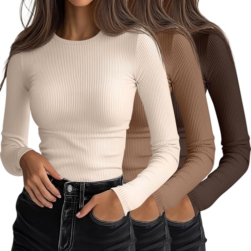 Ficerd 3er-Pack Damen Langarm-Shirts, Rundhals-Abschnitt Slim Fit T-Shirts Rippstrick Unterhemden Schichtlook-Oberteile(Braun, Khaki, Hellbeige,L) von Ficerd