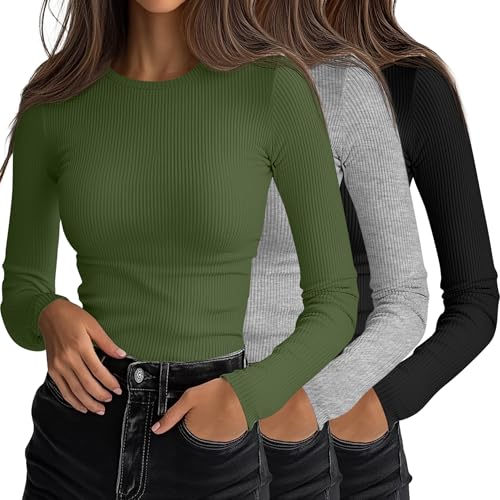 Ficerd 3er-Pack Damen Langarm-Shirts, Rundhals-Abschnitt Slim Fit T-Shirts Rippstrick Unterhemden Schichtlook-Oberteile(Schwarz, Hellgrau, Olivgrün,M) von Ficerd
