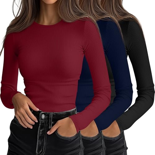 Ficerd 3er-Pack Damen Langarm-Shirts, Rundhals-Abschnitt Slim Fit T-Shirts Rippstrick Unterhemden Schichtlook-Oberteile(Schwarz, Marineblau, Weinrot,M) von Ficerd