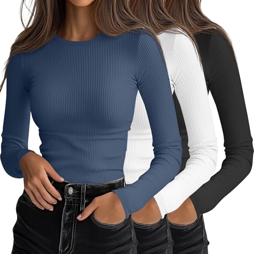 Ficerd 3er-Pack Damen Langarm-Shirts, Rundhals-Abschnitt Slim Fit T-Shirts Rippstrick Unterhemden Schichtlook-Oberteile(Schwarz, Weiß, Dunstblau,M) von Ficerd